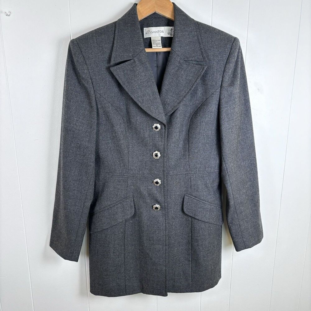 Vintage 90s GANTOS Grey 100% Pure Wool Woolmark Coat‎ Women's Size 8 Lined